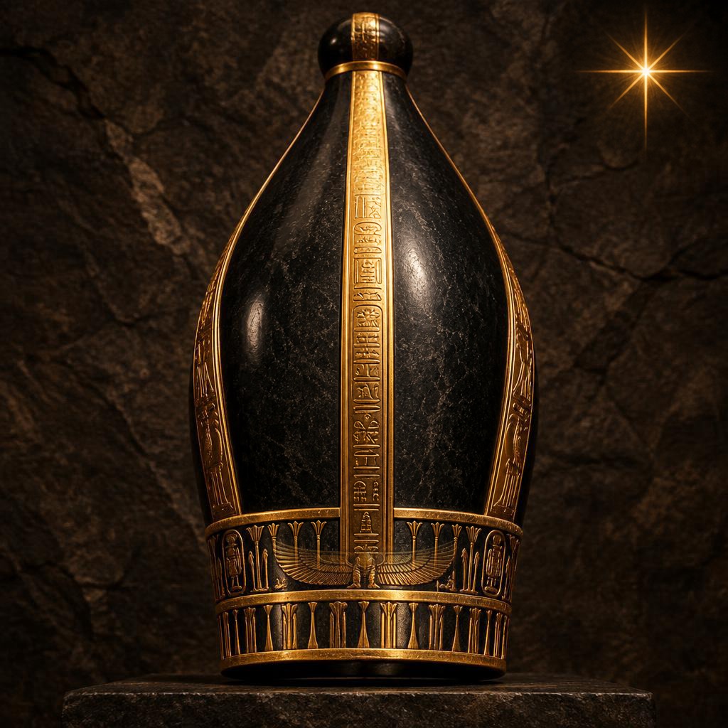 Ancient Egyptian royal crown carved in black basalt with gold leaf accents and an engraved gold hieroglyph strip